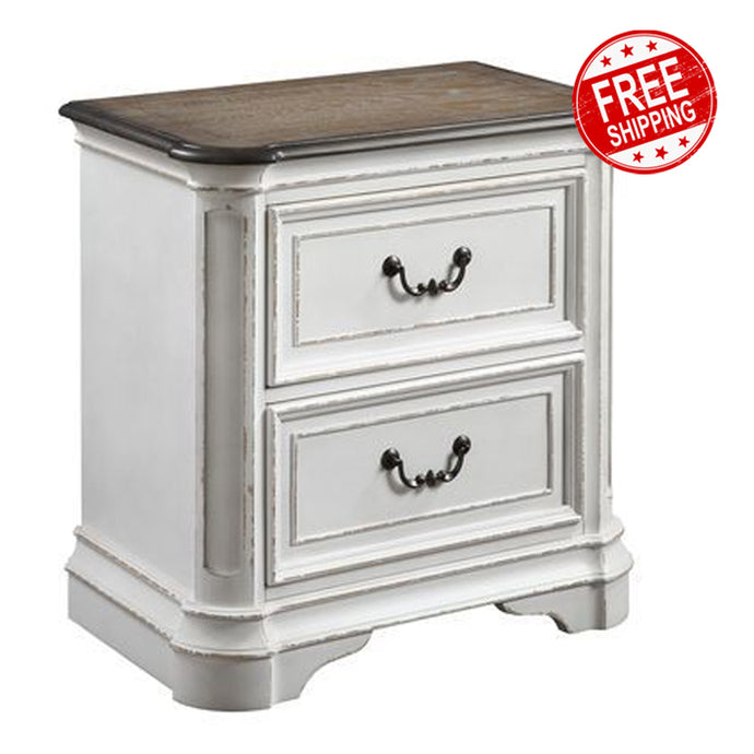 Florian Nightstand with 2 Storage Drawers, Antique White & Oak Finish